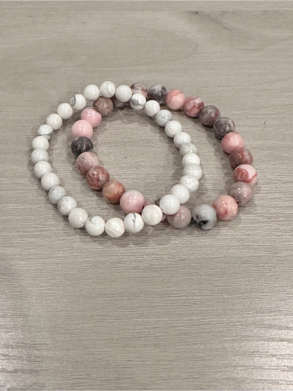 Stacked White Howlite and Pink Zebra Jasper Beaded Stretch Bracelets